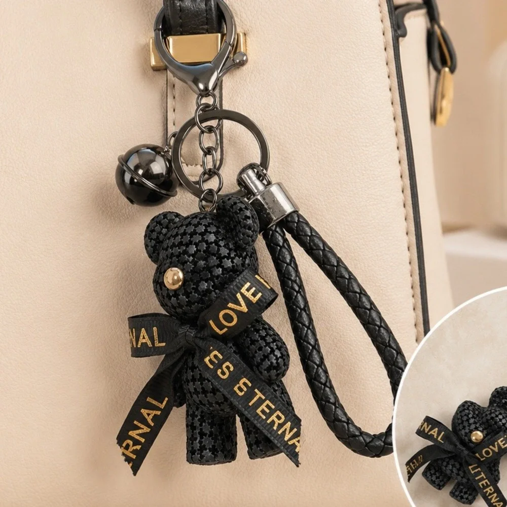 Black Teddy Bear Keychain Braided Leather Strap Bag Charm Love Is Eternal Bow